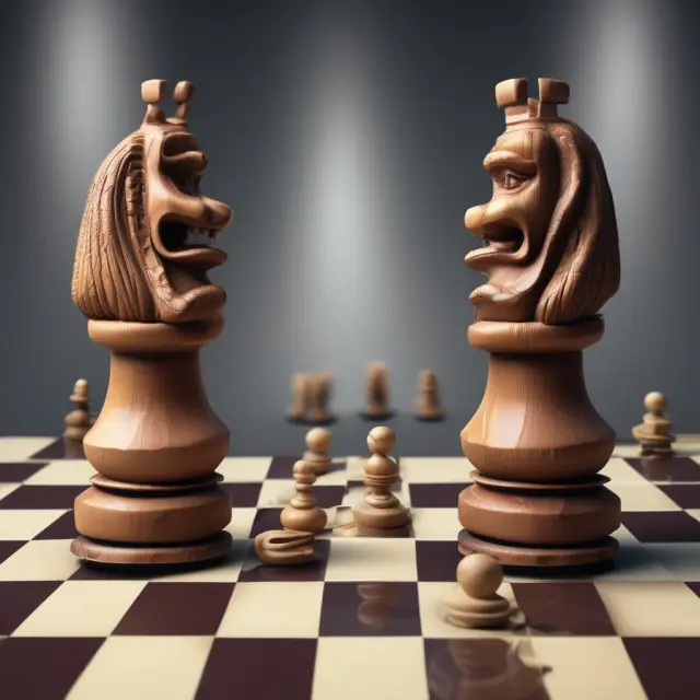 Two nations with chess pieces representing economies: One exports excessively while the other imports, symbolizing their trade balance.