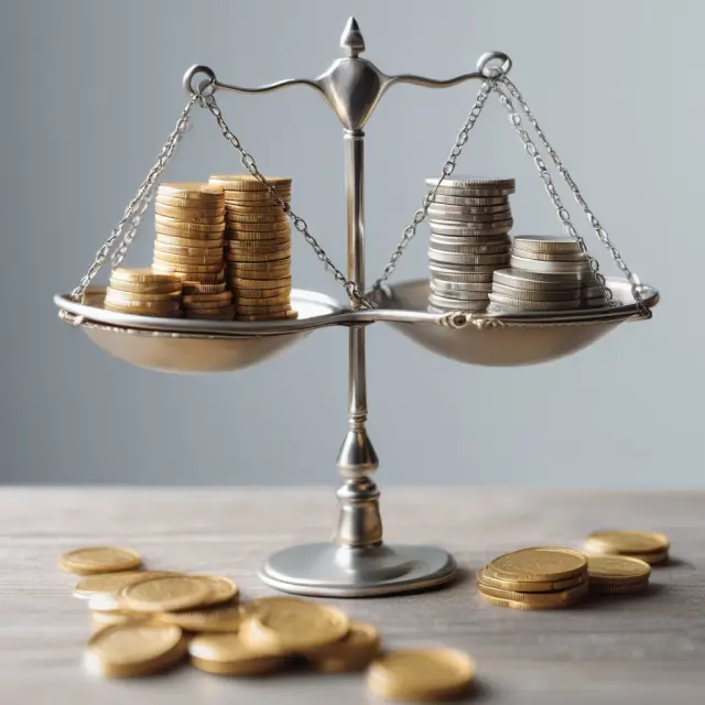 Two scales balanced with gold coins representing net income and silver coins representing gross income, illustrating the difference in calculations for individuals