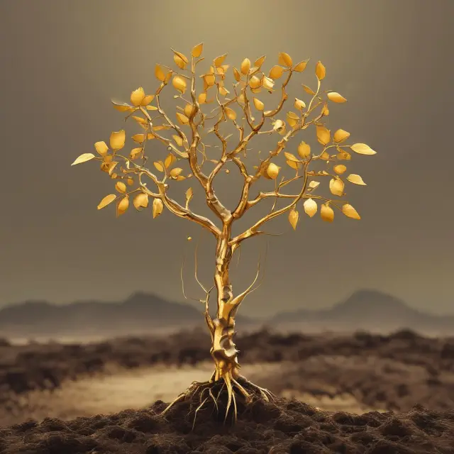 Image of a garden filled with flourishing trees grown from gold coins, symbolizing net investment. Roots represent depreciation.
