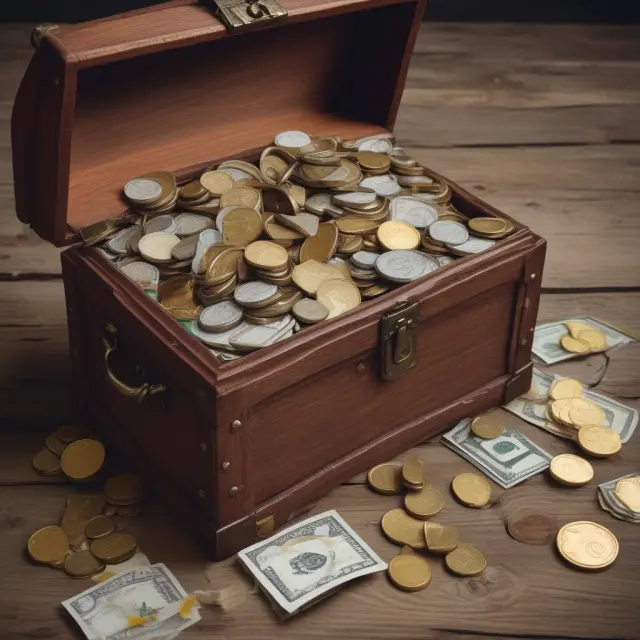 A treasure chest filled with gold coins for interest income, stacks of papers for dividend notes, glowing gems for capital gains, and keys symbolizing rental income