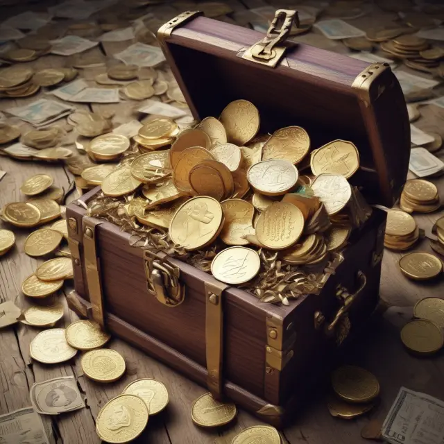 A treasure chest filled with gold coins, bonds, dividend checks, and capital gains documents represents various sources of net investment income