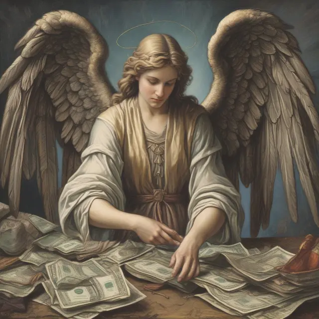 An ethereal FINRA guardian angel evaluating the net liquid assets of a broker-dealer, symbolizing regulatory oversight and financial stability