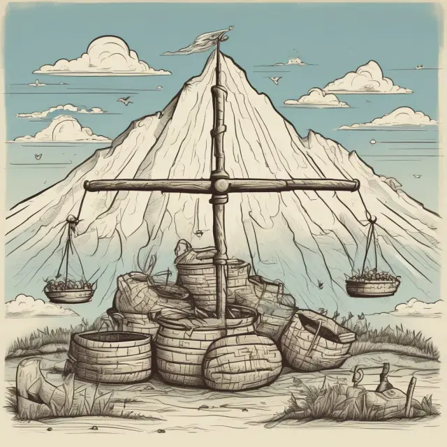 Seesaw representing net loss as revenue (baskets) battles expenses (mountain), with external factors tugging ropes.