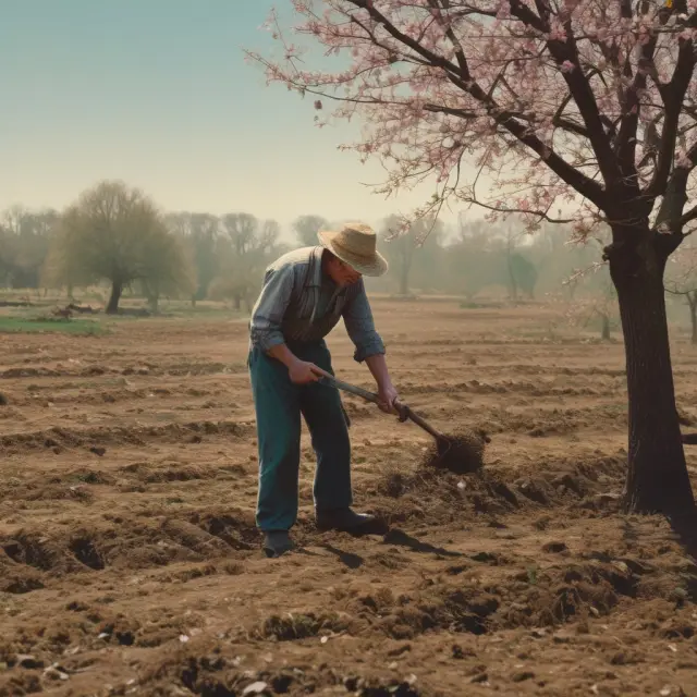 Farmer tilling floodwaters, planting net operating loss seeds. Blooming tree symbolizes tax savings.