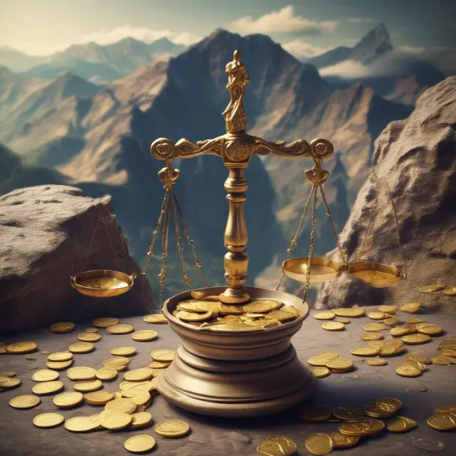 Image depicting an ancient scale with coins flowing in contrasted by a towering mountain symbolizing hidden costs such as commission, fees, and taxes during a sale or investment transaction