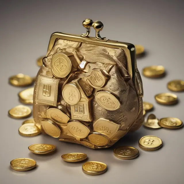 Golden coin purse overflowing with miniature houses; calculating net proceeds in real estate sales.