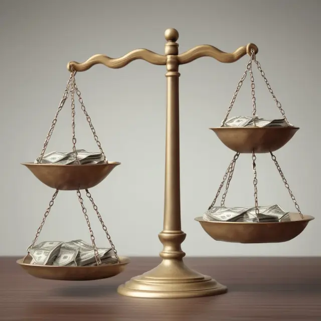 A balance scale weighing capital gains (stocks) against costs to determine net proceeds.