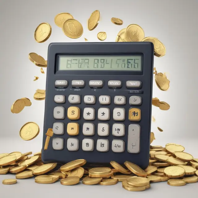 Golden calculator with coins representing gross proceeds flowing in, while other coins signify commissions and fees, illustrating net proceeds calculation for selling stocks