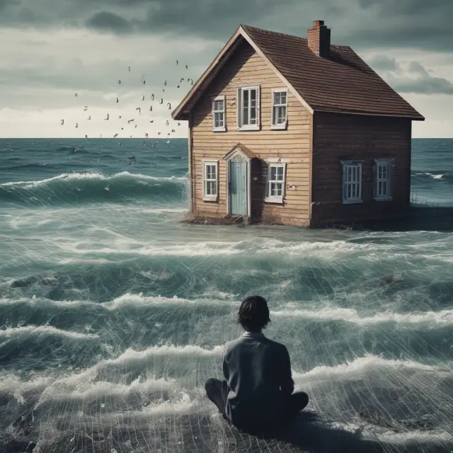 A person pondering at a table filled with negative numbers while a house submerges in water, representing the difficulties of covering costs and expenses during a short sale
