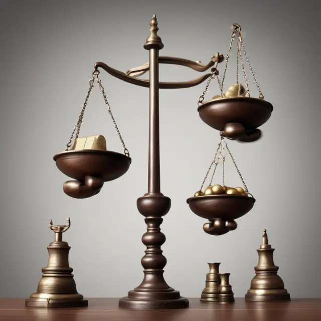 A scale with intangible assets on one side (patents, trademarks) and tangible assets (equipment, inventory) on the other. The scale balances, showing equal weights.
