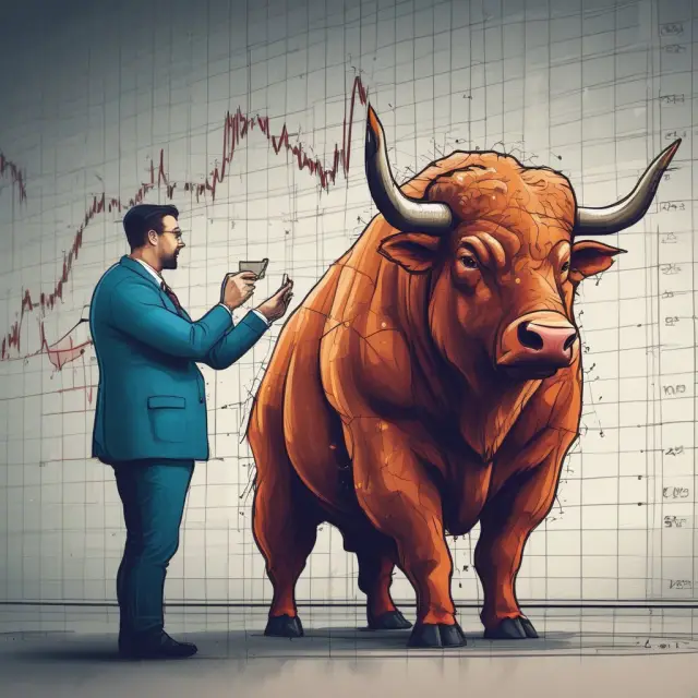 Bull and bear examining net volume chart, determining the direction of market sentiment.