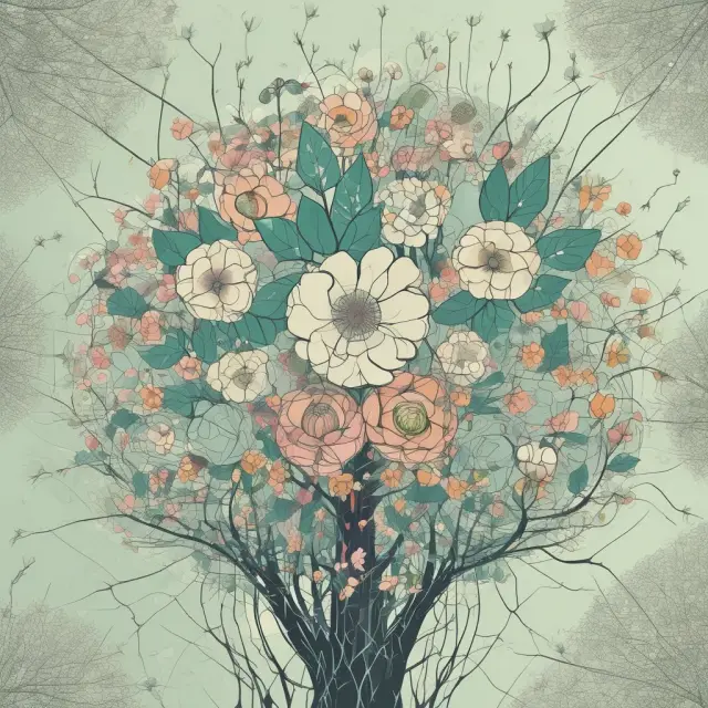 A digital garden teeming with interconnected flowers symbolizing positive network effects, while overgrown vines represent negative network congestion