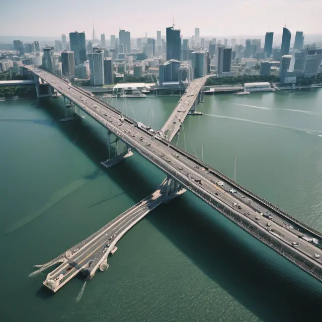 Bridge illustrating businesses adjusting their prices depending on the network effect. One land represents low prices for initial growth, while the other signifies high pricing during maturity.
