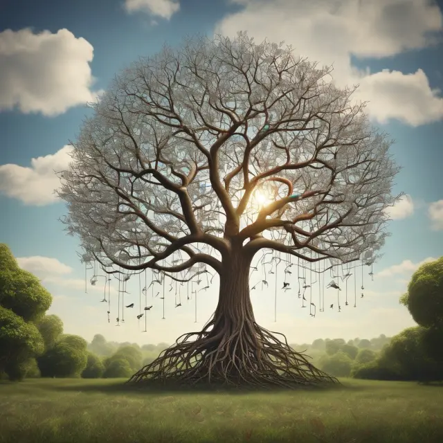 An image of a tree representing network effects, with branches connecting to various elements, signifying benefits and challenges
