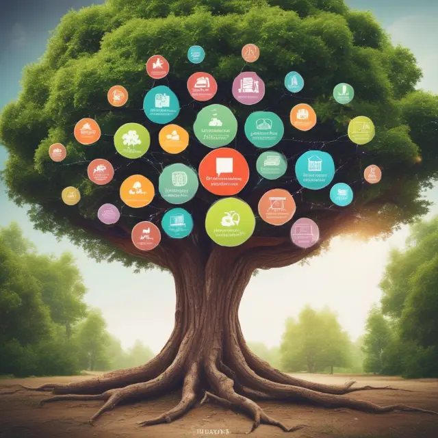 Five interconnected branches representing Avon, Tupperware, Rodan + Fields, Amway, and Herbalife - the leading network marketing companies