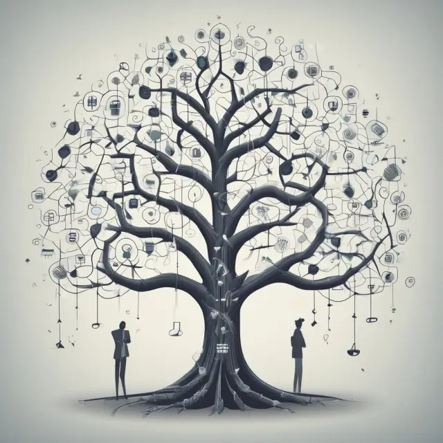 Two trees flourishing amidst networking symbols, representing the growth and expansion brought about by strong connections.