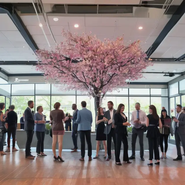 A vibrant garden teeming with flowers representing various businesses; each bloom intertwines with another, symbolizing networking connections through a local chamber of commerce