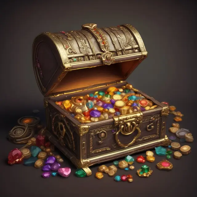 Golden treasure chest symbolizing net worth, balanced against debt on a scale