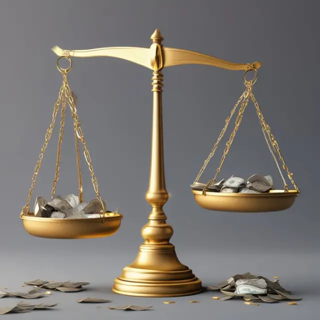Two golden scales tipping upward with weights of assets like stocks and real estate. A lender examines the balanced scales, indicating a strong net worth position.