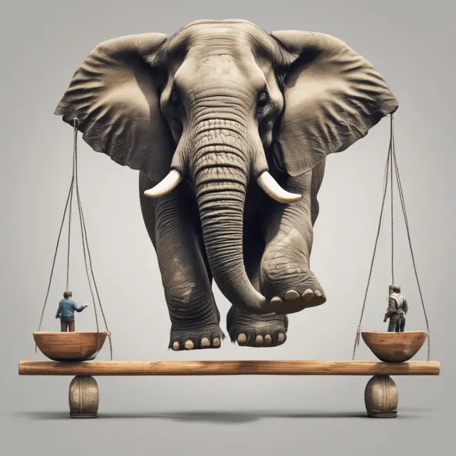 An elephant representing wealth balances the see-saw of assets (baskets on one side) and liabilities (boulders on the other)