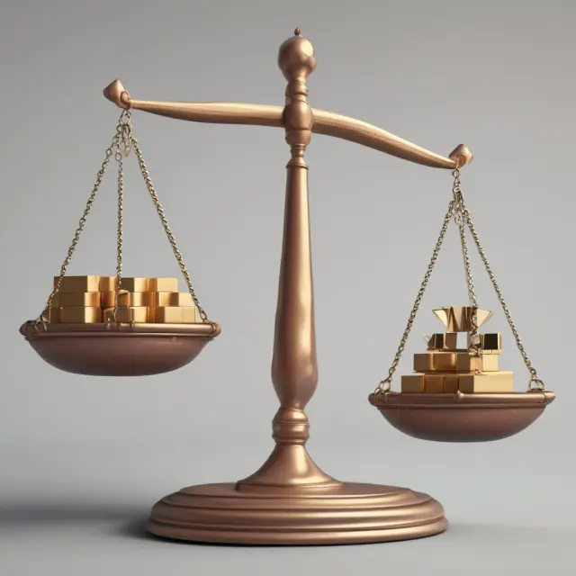 Scale representing net worth calculating assets (savings, investments) and subtracting liabilities (debts), leading to financial progress.