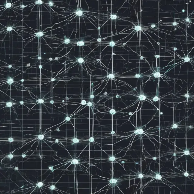 A neural network model processing stock market data, represented by neurons interconnected with time series curves
