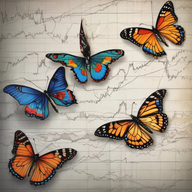 Four elegant butterflies and condors in motion, symbolizing advanced delta-neutral option spreads - straddles, strangles, butterflies, and condors - over financial charts
