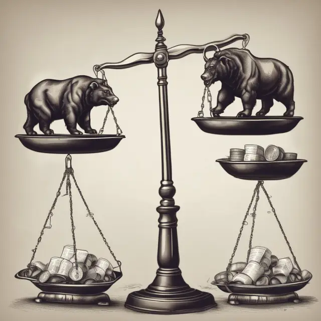 A balanced scale with gold coins representing bull markets and silver coins symbolizing bear markets, teetering on the axis of a neutral market
