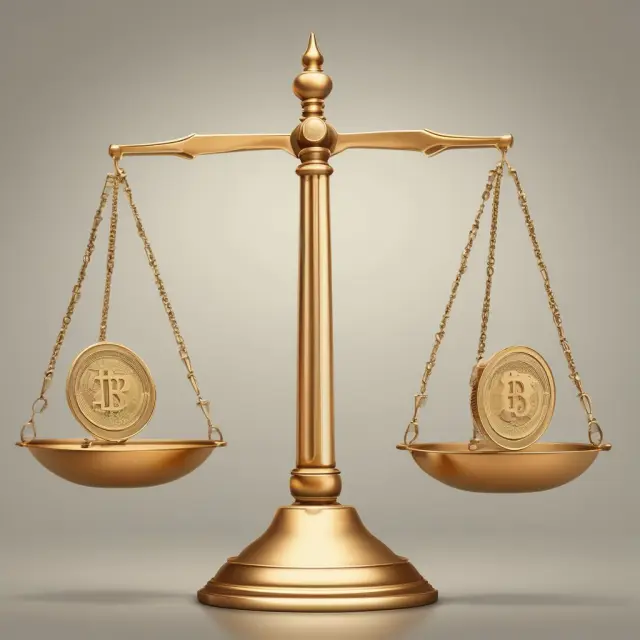 A pair of golden scales balanced on a table, representing the neutrality of money theory, with principles symbolized by weights.