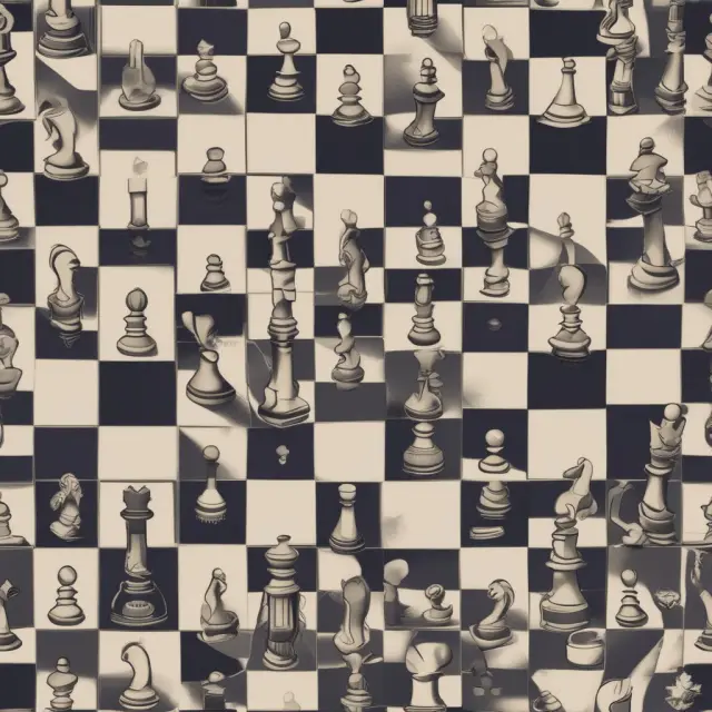 A balanced chessboard populated by economic pieces symbolizing neutral money theory: perfect competition, market clearing, and rational expectations.