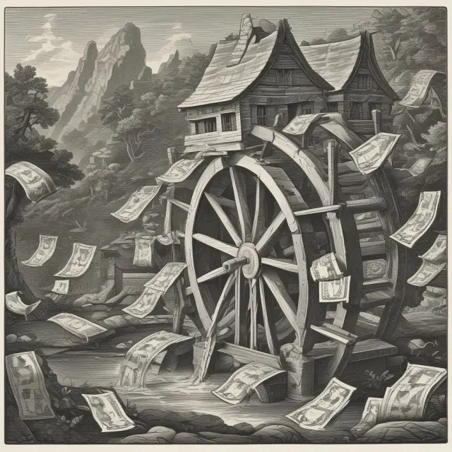 A waterwheel turning with currency flowing through it, representing the neutral impact of monetary policy on real economic output