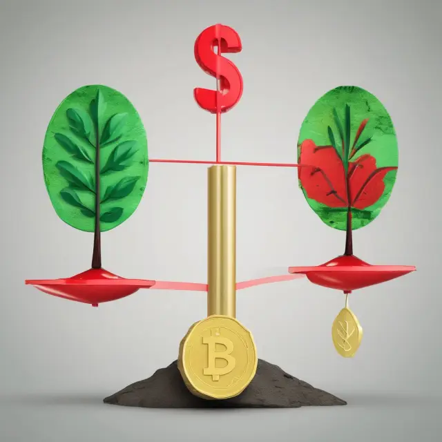 Golden coin symbolizing neutral money on a seesaw, balanced between green shoots representing economic growth and red flames for inflation