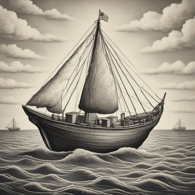 A Federal Reserve boat navigates through economic waters, balancing inflation (red waves) and deflation (blue waves), with a steering wheel representing monetary policy