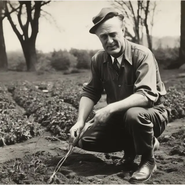 Franklin D. Roosevelt nurturing seeds representing New Deal programs (NRA, AAA, Emergency Banking Act, Glass-Steagall Act, Securities Act) on a garden bed