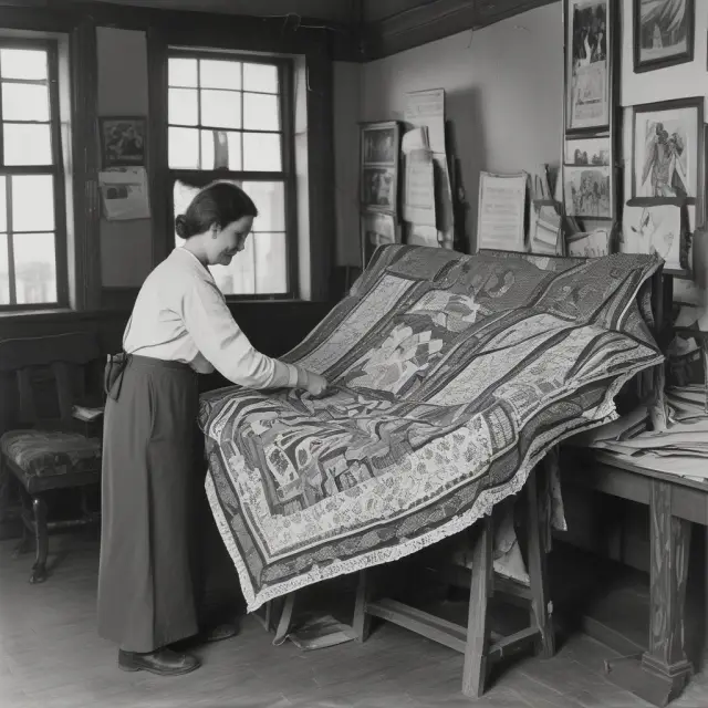 The government, symbolized by an open hand, meticulously crafting a beautiful quilt representing the various New Deal programs that fostered economic stability and recovery
