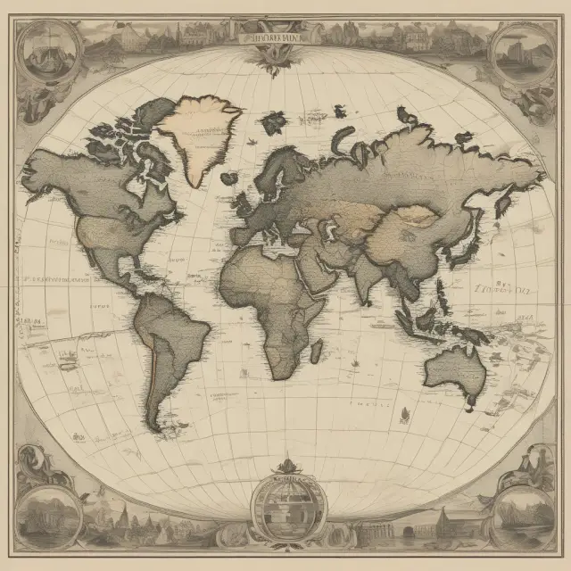 A map of the world with interconnected New Deal symbols representing the impact of US policies on other countries during the Great Depression.