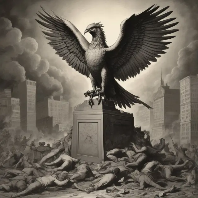 A mythical Phoenix, symbolizing hope and rebirth, emerging from flames, surrounded by workers and FDR, signifying the New Deal