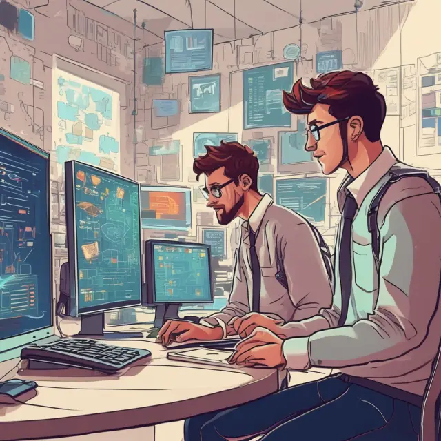 Developers collaborating on laptops with interlinked circuits, illustrating the new growth theory