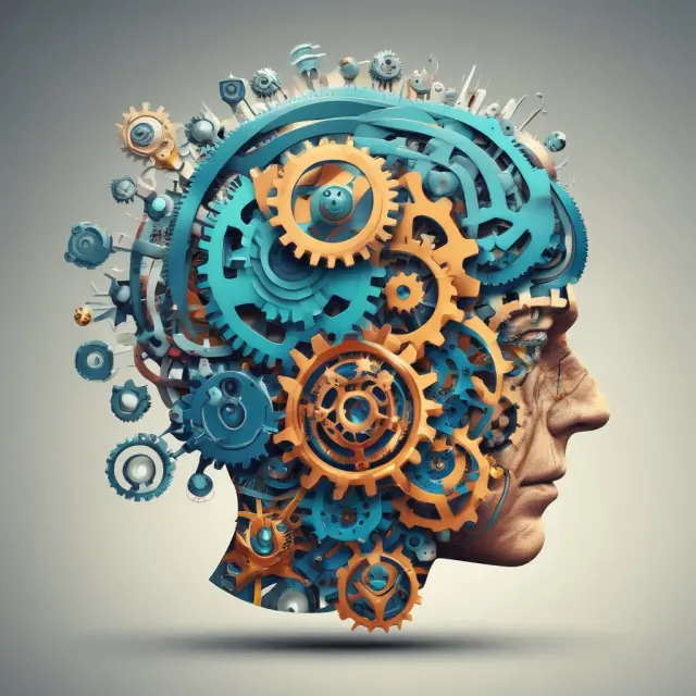 An image of interconnected gears and human brains symbolizing competition, innovation, and human capital