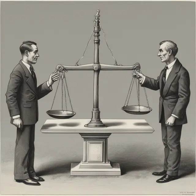Two economists discussing criticisms of the new growth theory, symbolized by their balance scales
