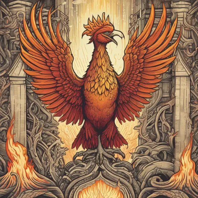 Phoenixes symbolizing entrepreneurs rising from a flame of knowledge and innovation within the context of new growth theory.
