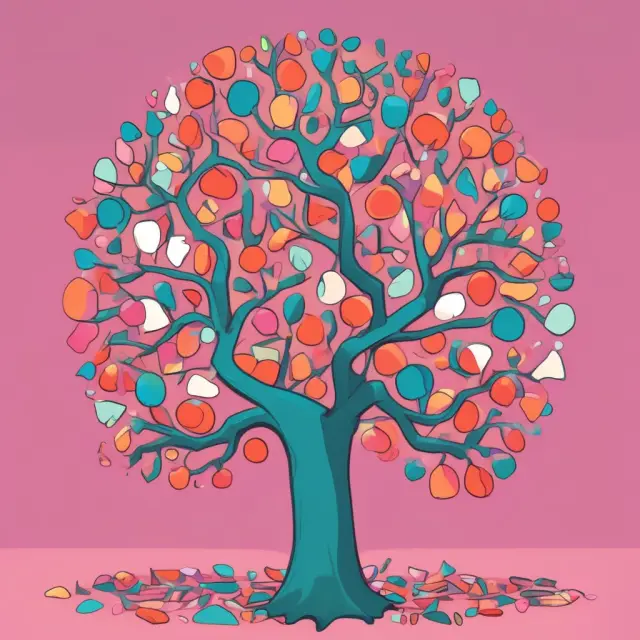 A tree made of colorful pills, symbolizing the growth and expansion of pharmaceutical companies through discovering new drug indications