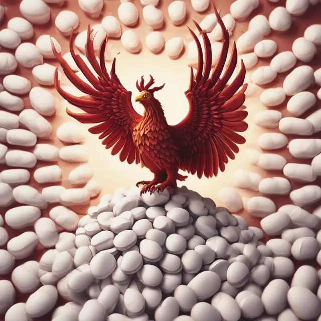 Image of a mythical phoenix emerging from a mound of pills, emphasizing the financial and market impact of new indications for approved drugs
