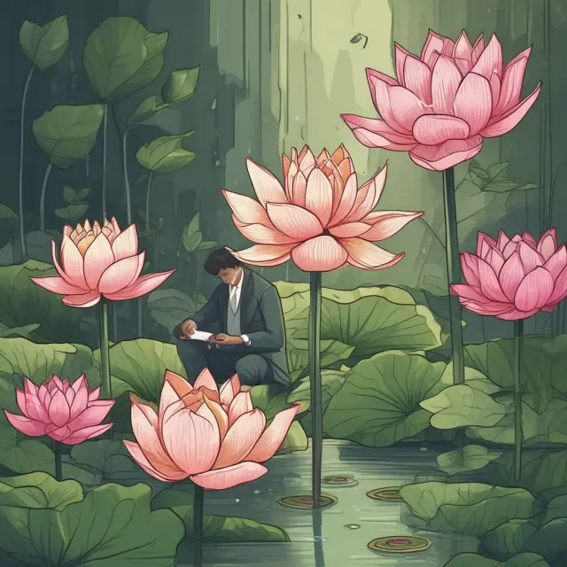 New investor evaluating a blooming lotus flower with open-end mutual fund, closed-end fund, and ETF roots, representing various investment opportunities