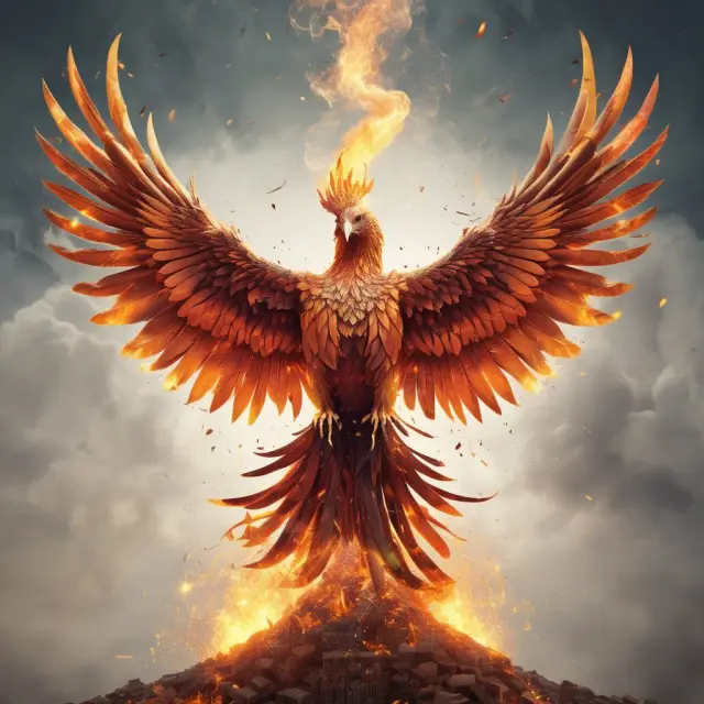 Phoenix rising from data-filled ashes, representing new open-end mutual fund offerings and growth