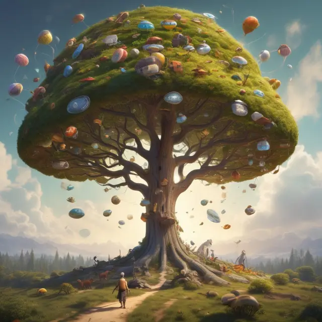 Tech companies emerging from an acorn in a dynamic landscape, illustrating the growth of the new economy during the tech boom