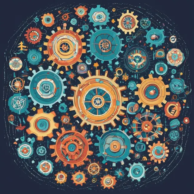 Mosaic of six gears symbolizing subsectors: sharing, streaming, gig, cloud, big data, and AI economies.