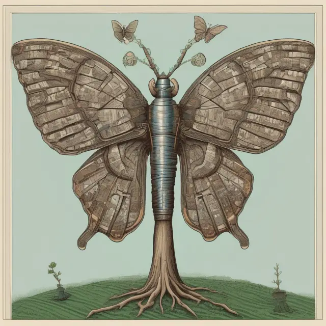 Digital butterfly emerging from an old-world tree, symbolizing the transformation of capitalism into a new economy emphasizing sustainability, social responsibility, and innovation.