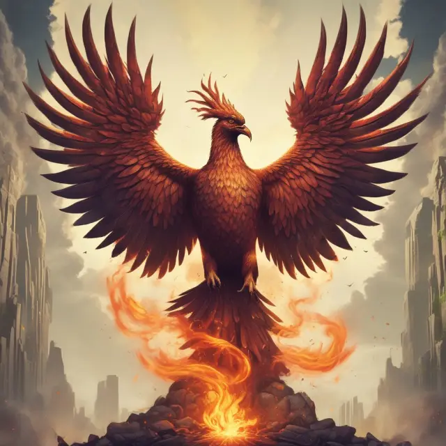 Image of a mythical Phoenix rising above a cityscape, representing the transition from traditional capitalism to sustainable and socially responsible investments in the new economy.