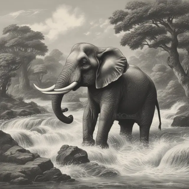 A large elephant stands its ground against the strong current of a fast-flowing river, representing the pushback against change in the traditional economic system.